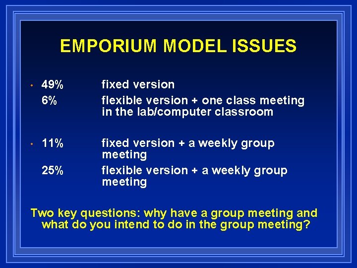 EMPORIUM MODEL ISSUES • 49% 6% fixed version flexible version + one class meeting
