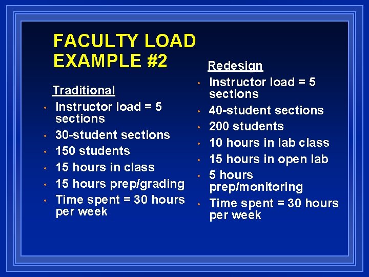 FACULTY LOAD EXAMPLE #2 • • • Traditional Instructor load = 5 sections 30
