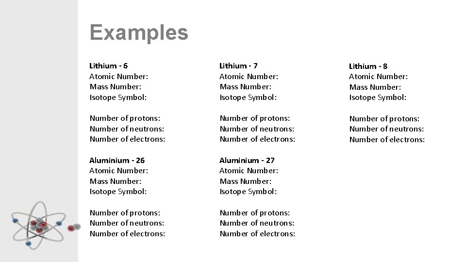 Examples Lithium - 6 Atomic Number: Mass Number: Isotope Symbol: Lithium - 7 Atomic