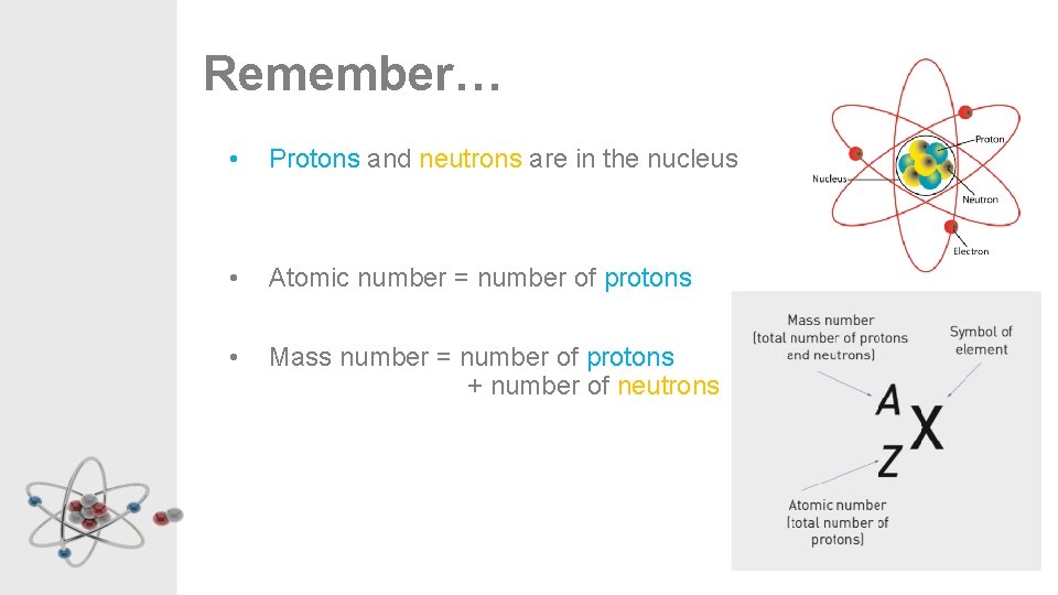 Remember… • Protons and neutrons are in the nucleus • Atomic number = number