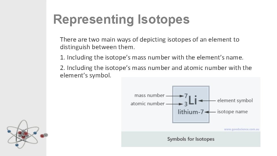 Representing Isotopes There are two main ways of depicting isotopes of an element to