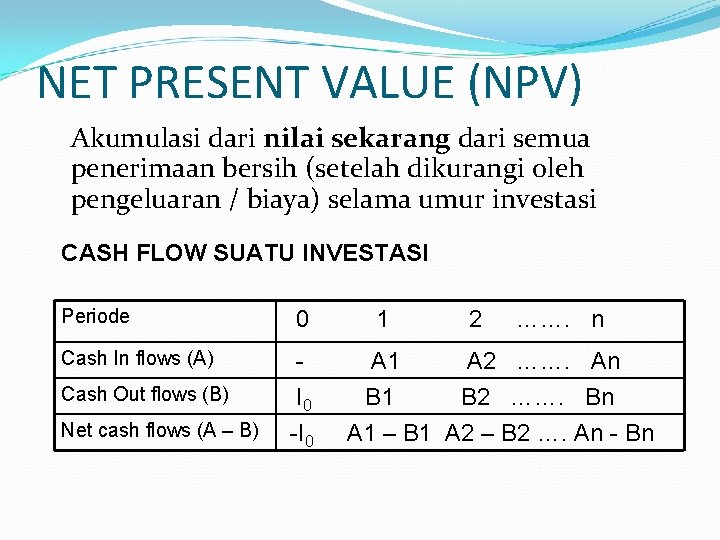 NET PRESENT VALUE (NPV) Akumulasi dari nilai sekarang dari semua penerimaan bersih (setelah dikurangi