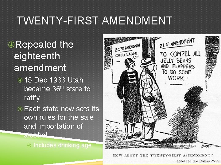 TWENTY-FIRST AMENDMENT Repealed the eighteenth amendment 15 Dec 1933 Utah became 36 th state