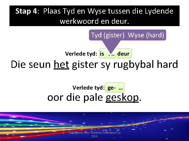 Stap 4: Plaas Tyd en Wyse tussen die Lydende werkwoord en deur. Tyd (gister)