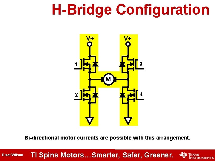 H-Bridge Configuration V+ V+ 3 1 M 2 4 Bi-directional motor currents are possible H-Bridge Configuration V+ V+ 3 1 M 2 4 Bi-directional motor currents are possible