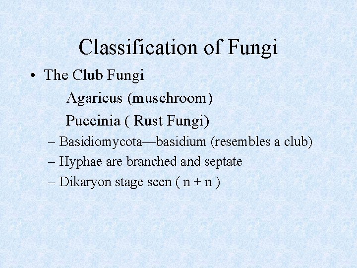 Classification of Fungi • The Club Fungi Agaricus (muschroom) Puccinia ( Rust Fungi) –