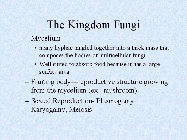 The Kingdom Fungi – Mycelium • many hyphae tangled together into a thick mass