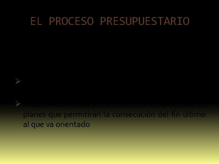 EL PROCESO PRESUPUESTARIO El proceso presupuestario tiende a reflejar de una forma cuantitativa, a