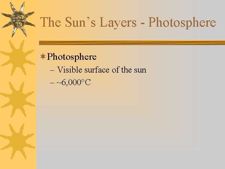 The Sun’s Layers - Photosphere ¬Photosphere – Visible surface of the sun – ~6,