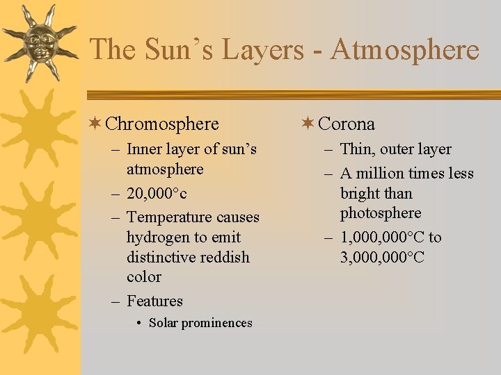 The Sun’s Layers - Atmosphere ¬ Chromosphere – Inner layer of sun’s atmosphere –