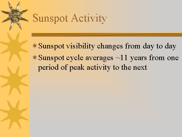 Sunspot Activity ¬Sunspot visibility changes from day to day ¬Sunspot cycle averages ~11 years