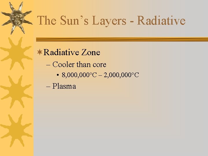 The Sun’s Layers - Radiative ¬Radiative Zone – Cooler than core • 8, 000°C