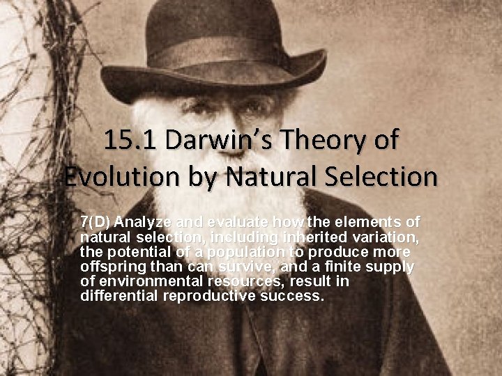 15. 1 Darwin’s Theory of Evolution by Natural Selection 7(D) Analyze and evaluate how