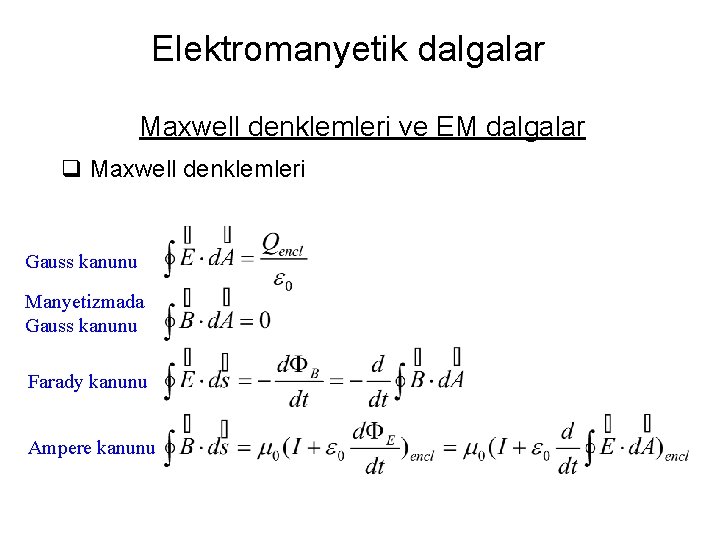 Elektromanyetik dalgalar Maxwell denklemleri ve EM dalgalar q Maxwell denklemleri Gauss kanunu Manyetizmada Gauss