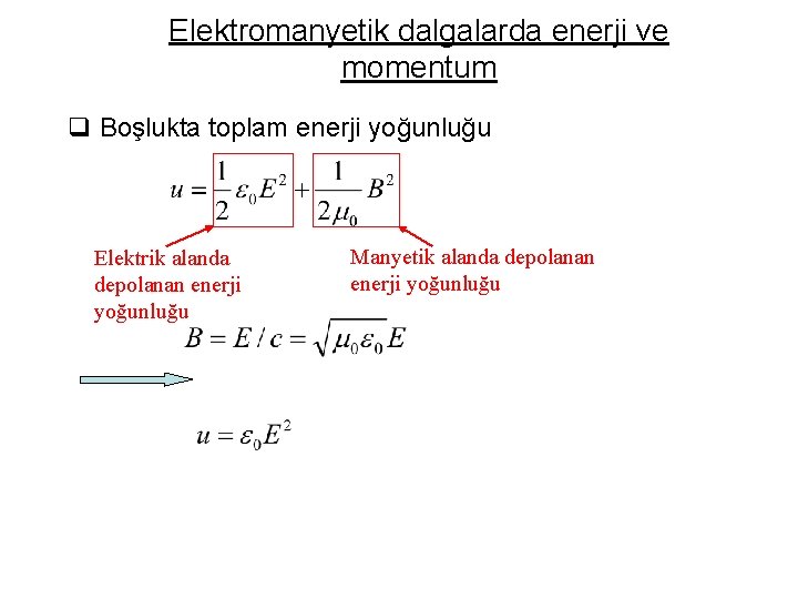 Elektromanyetik dalgalarda enerji ve momentum q Boşlukta toplam enerji yoğunluğu Elektrik alanda depolanan enerji