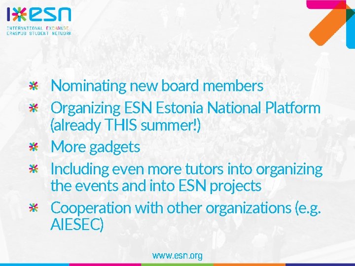 Nominating new board members Organizing ESN Estonia National Platform (already THIS summer!) More gadgets