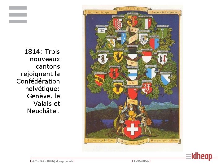 1814: Trois nouveaux cantons rejoignent la Confédération helvétique: Genève, le Valais et Neuchâtel. |