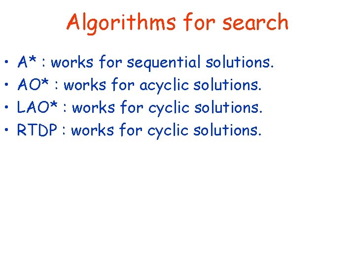 Algorithms for search • • A* : works for sequential solutions. AO* : works