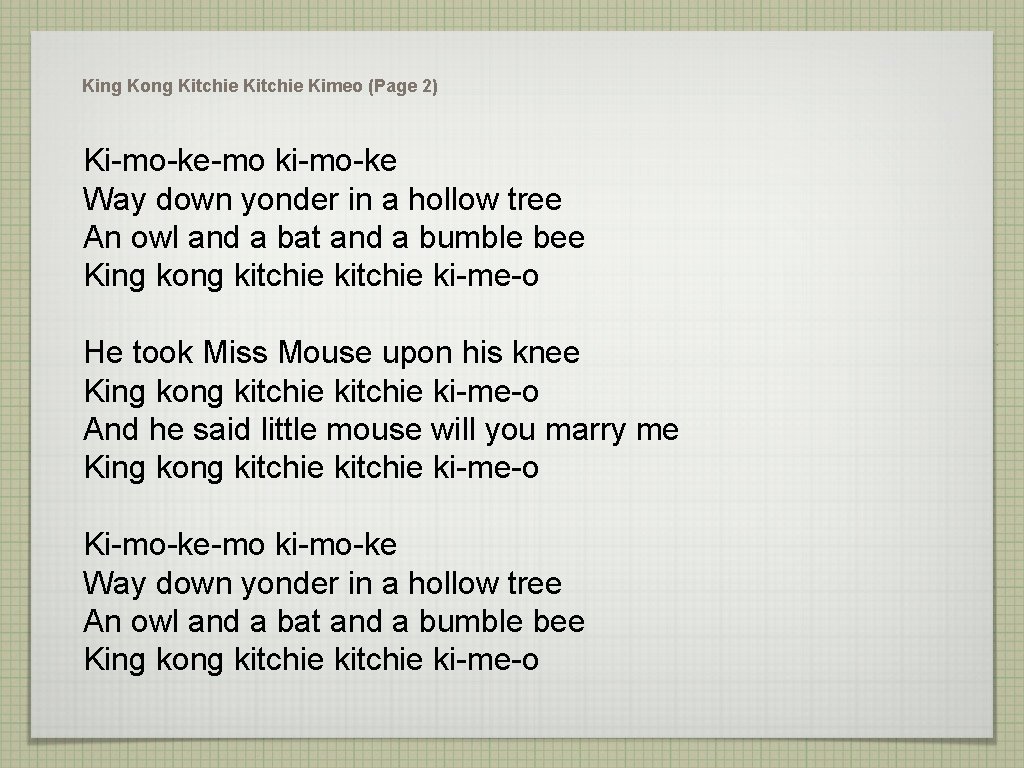 King Kong Kitchie Kimeo (Page 2) Ki-mo-ke-mo ki-mo-ke Way down yonder in a hollow