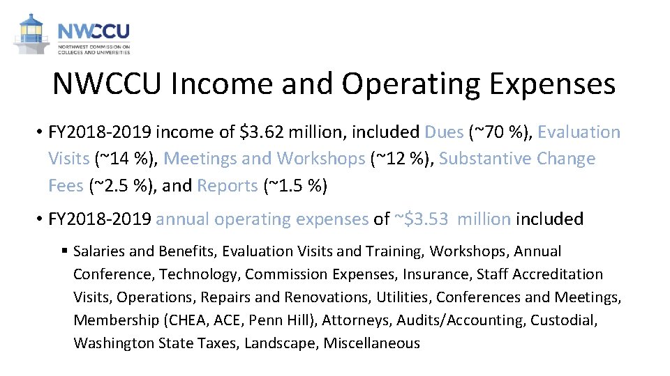 NWCCU Income and Operating Expenses • FY 2018 -2019 income of $3. 62 million,