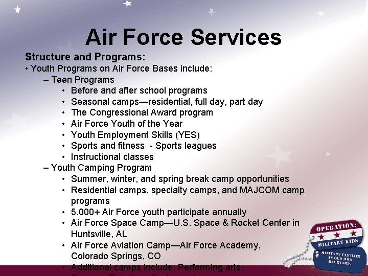 Air Force Services Structure and Programs: • Youth Programs on Air Force Bases include: