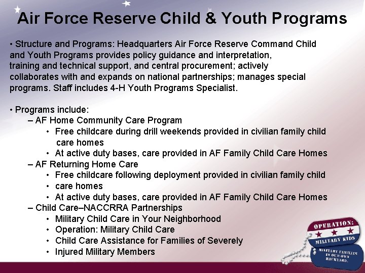 Air Force Reserve Child & Youth Programs • Structure and Programs: Headquarters Air Force