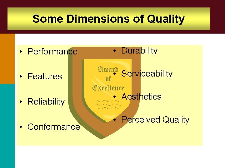 Some Dimensions of Quality • Performance • Durability • Features • Serviceability • Reliability