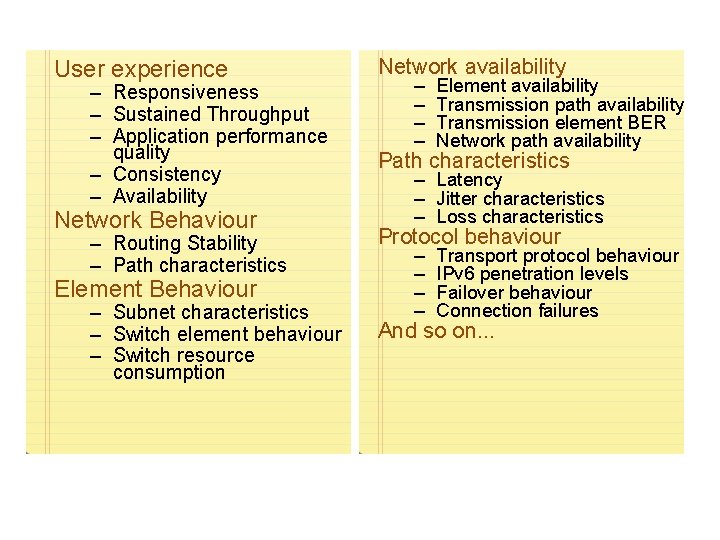 User experience – Responsiveness – Sustained Throughput – Application performance quality – Consistency –