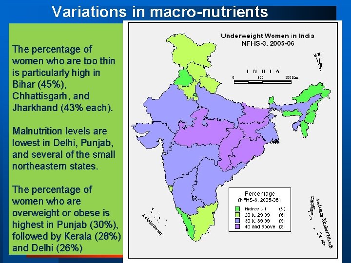Variations in macro-nutrients The percentage of women who are too thin is particularly high