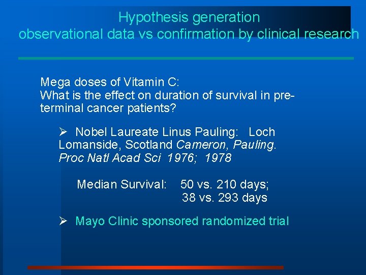 Hypothesis generation observational data vs confirmation by clinical research Mega doses of Vitamin C: