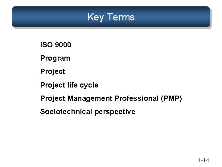 Key Terms ISO 9000 Program Project life cycle Project Management Professional (PMP) Sociotechnical perspective