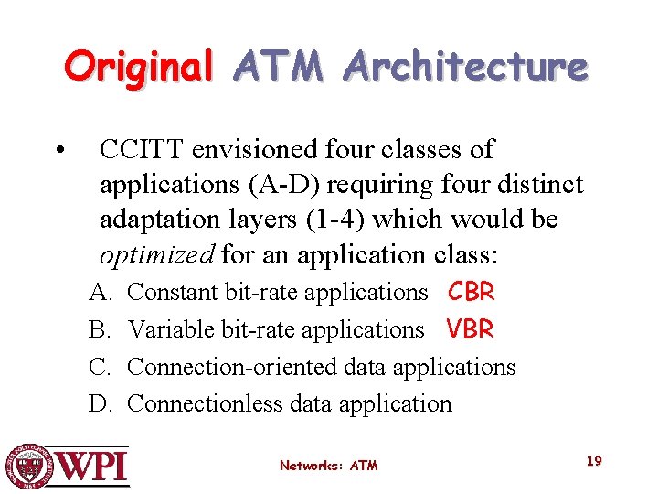 Original ATM Architecture • CCITT envisioned four classes of applications (A-D) requiring four distinct