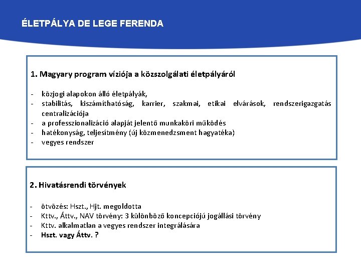 ÉLETPÁLYA DE LEGE FERENDA 1. Magyary program víziója a közszolgálati életpályáról - közjogi alapokon