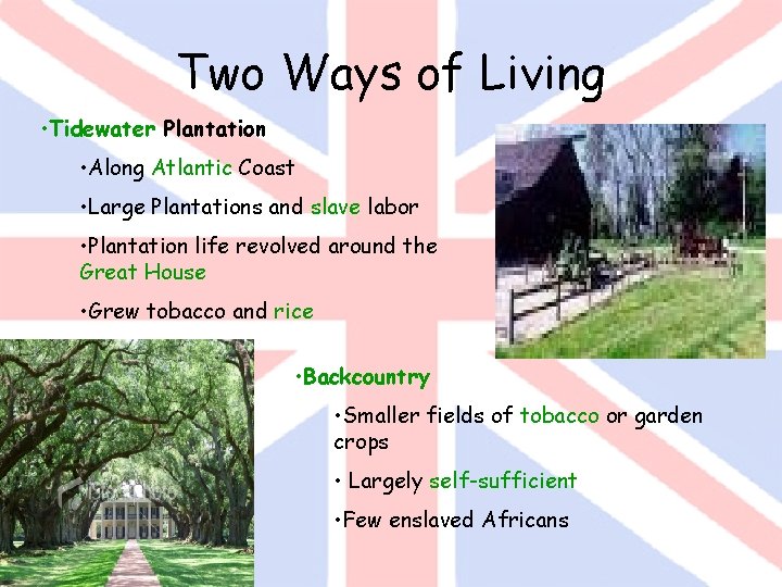Two Ways of Living • Tidewater Plantation • Along Atlantic Coast • Large Plantations