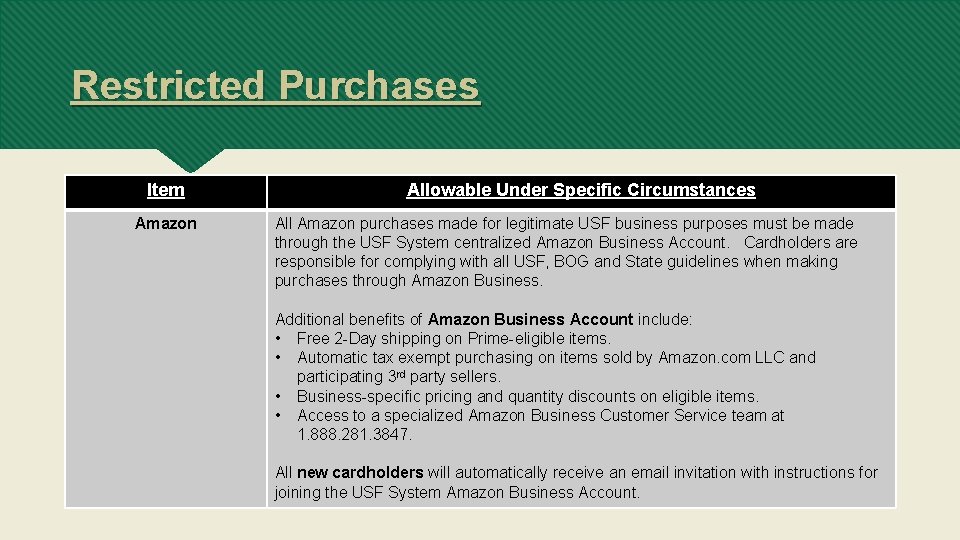 Restricted Purchases Item Amazon Allowable Under Specific Circumstances All Amazon purchases made for legitimate