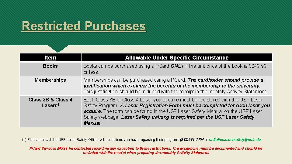 Restricted Purchases Item Allowable Under Specific Circumstance Books can be purchased using a PCard