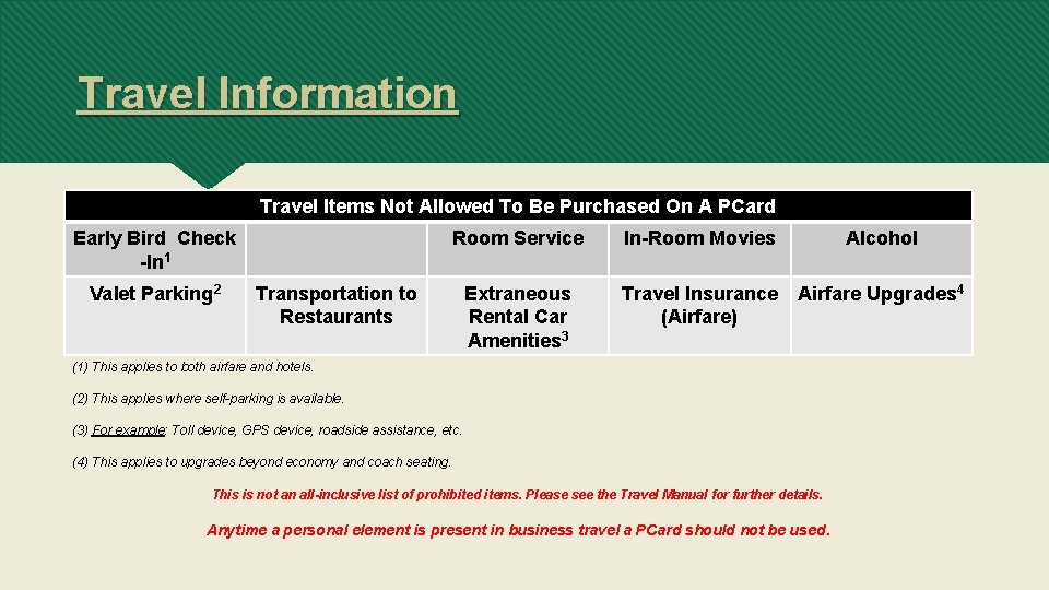 Travel Information Travel Items Not Allowed To Be Purchased On A PCard Early Bird