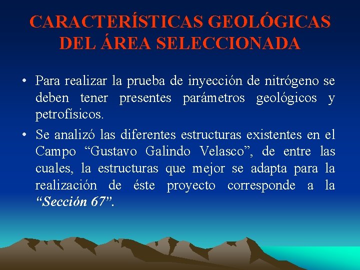 CARACTERÍSTICAS GEOLÓGICAS DEL ÁREA SELECCIONADA • Para realizar la prueba de inyección de nitrógeno