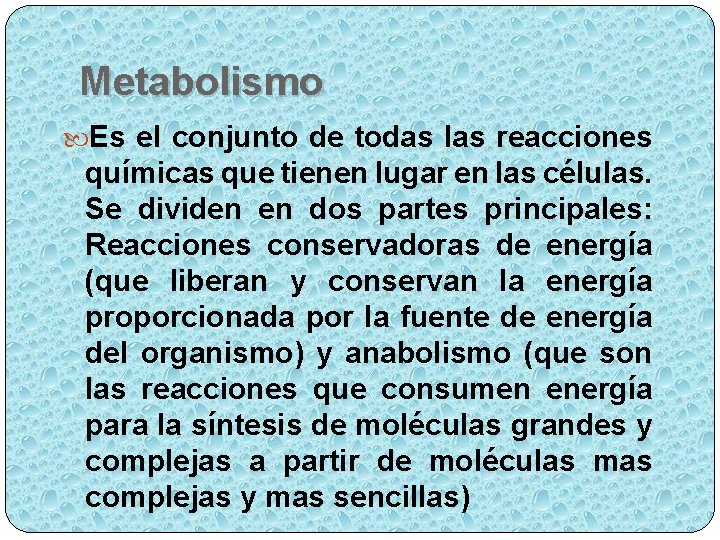 Metabolismo Es el conjunto de todas las reacciones químicas que tienen lugar en las