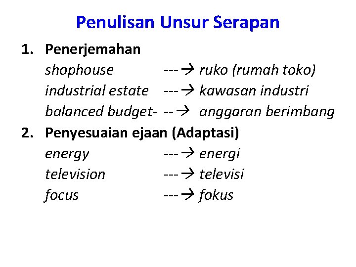 Penulisan Unsur Serapan 1. Penerjemahan shophouse --- ruko (rumah toko) industrial estate --- kawasan