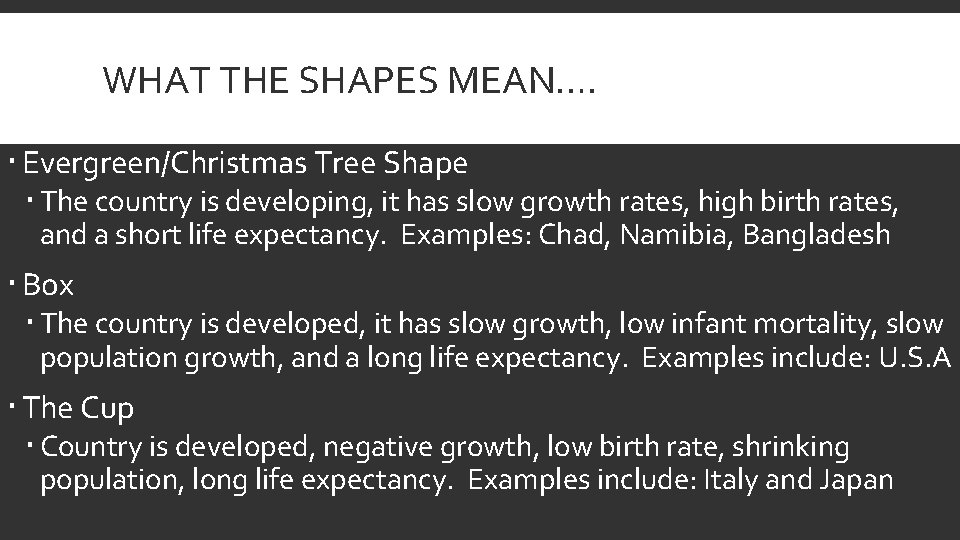 WHAT THE SHAPES MEAN…. Evergreen/Christmas Tree Shape The country is developing, it has slow