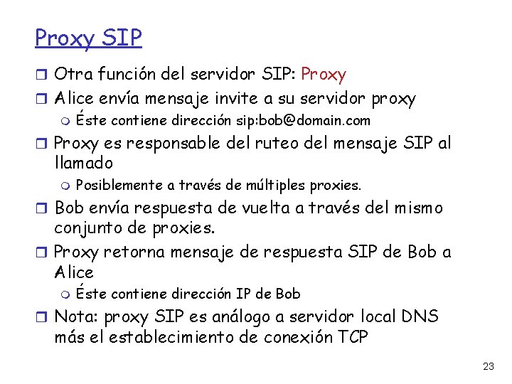 Proxy SIP Otra función del servidor SIP: Proxy Alice envía mensaje invite a su