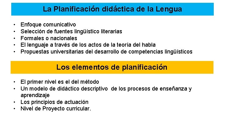 La Planificación didáctica de la Lengua • • • Enfoque comunicativo Selección de fuentes