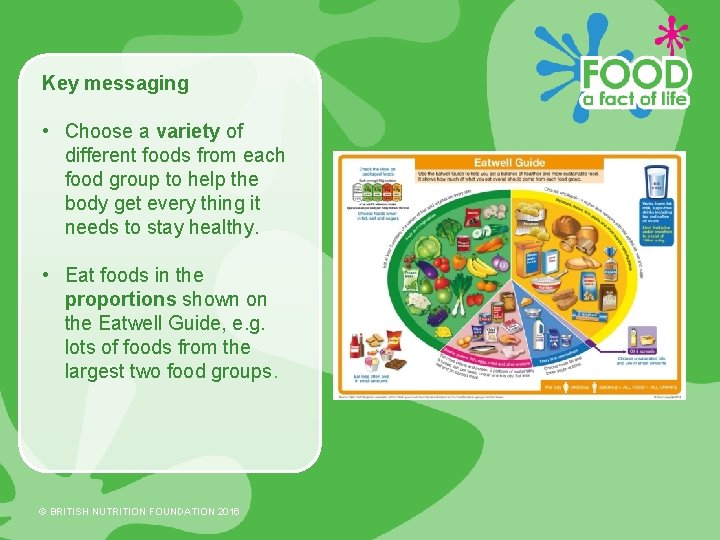 Key messaging • Choose a variety of different foods from each food group to