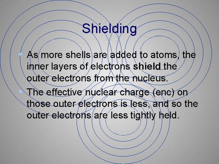 Shielding • As more shells are added to atoms, the inner layers of electrons