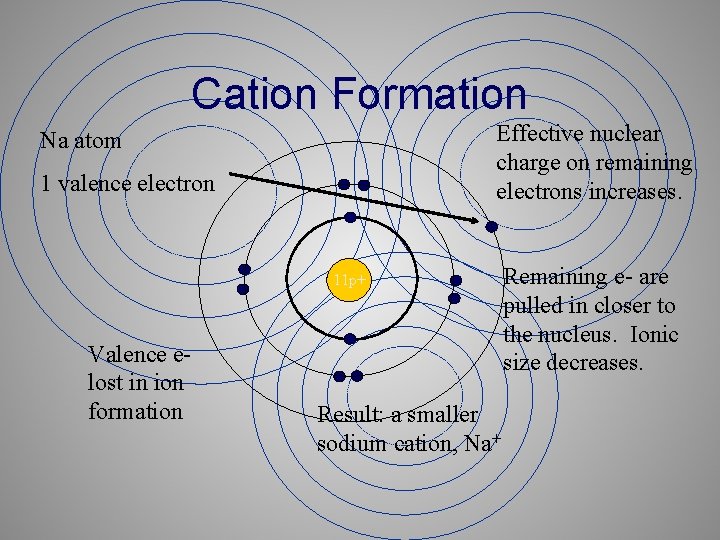 Cation Formation Effective nuclear charge on remaining electrons increases. Na atom 1 valence electron