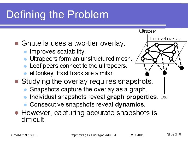 Defining the Problem Ultrapeer l Gnutella uses a two-tier overlay. l l l Improves
