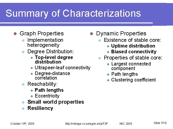 Summary of Characterizations l Graph Properties l l Implementation heterogeneity Degree Distribution: l l