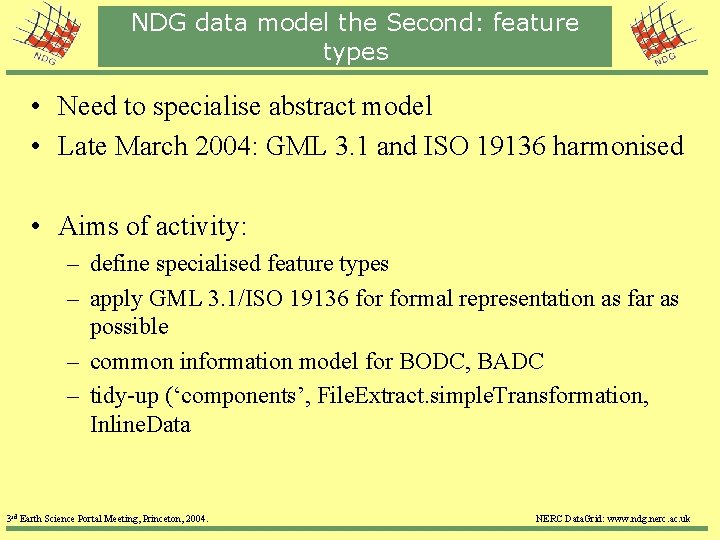 Feature types and the NERC Data Grid data