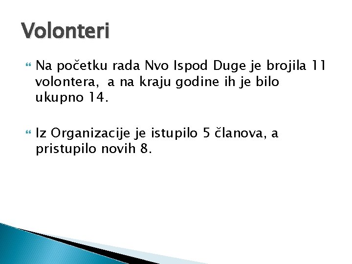 Volonteri Na početku rada Nvo Ispod Duge je brojila 11 volontera, a na kraju Volonteri Na početku rada Nvo Ispod Duge je brojila 11 volontera, a na kraju